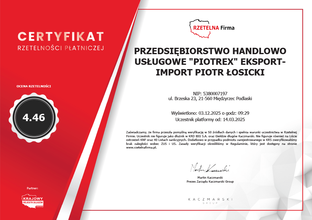 Certyfikat Rzetelna Firma potwierdza transparentność finansową i wiarygodność PiotrTravel. Firma przeszła pozytywną weryfikację w bazach gospodarczych oraz nie widnieje w rejestrach zadłużenia.