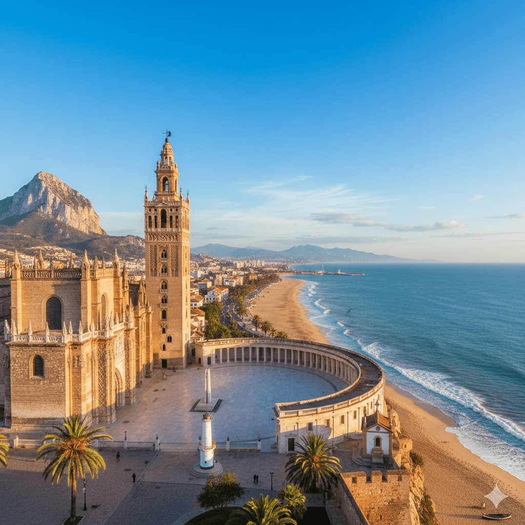 Panorama nadmorskiej katedry w Andaluzji – widok na wybrzeże i zabytkową wieżę