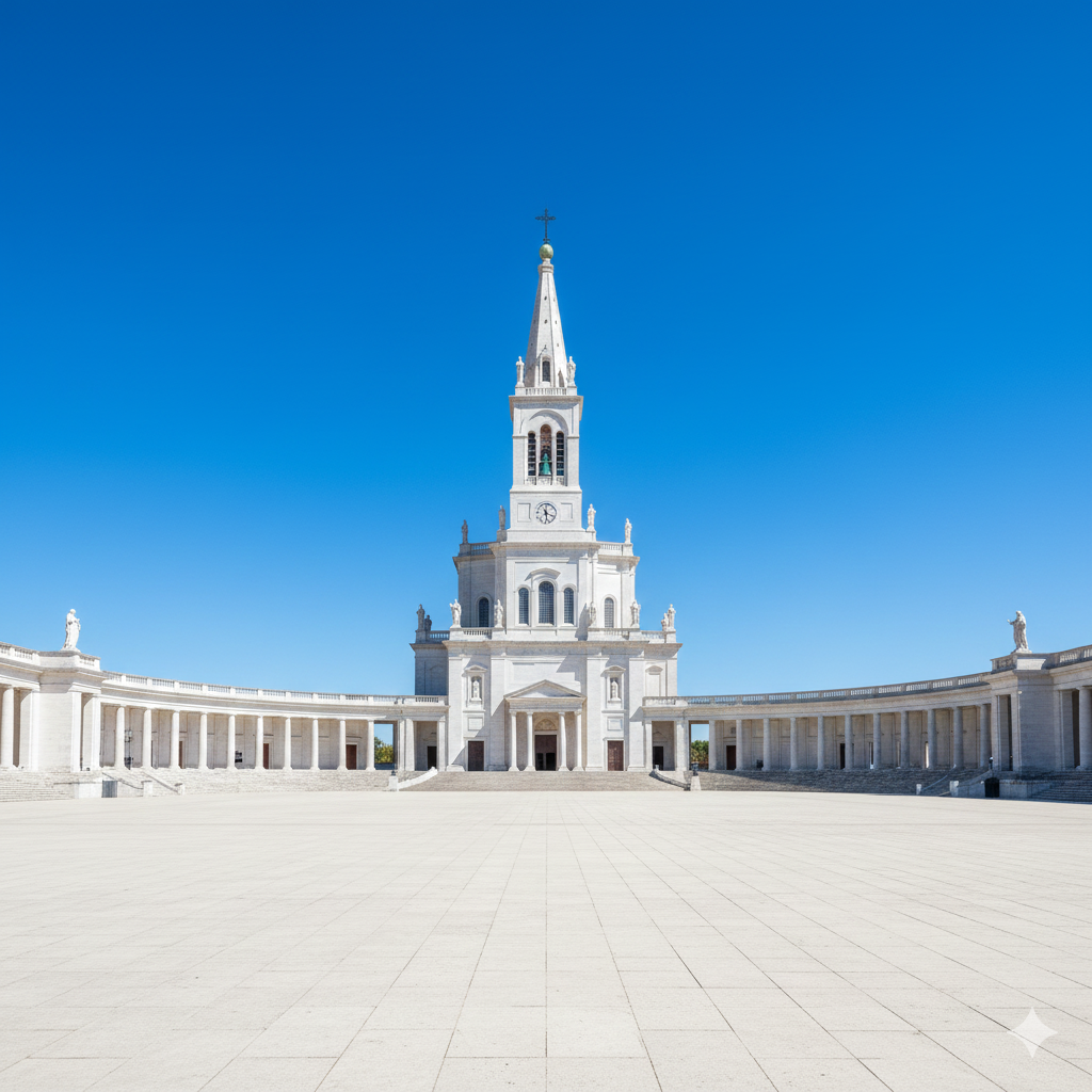 Centralny widok na Bazylikę Matki Boskiej Różańcowej w Fatimie. Biała, strzelista wieża kościoła z kolumnadą po obu stronach lśni w jasnym słońcu. Przed budynkiem widoczny duży, pusty plac sanktuarium. Zdjęcie emanuje spokojem i czystością, bez pielgrzymów i banerów