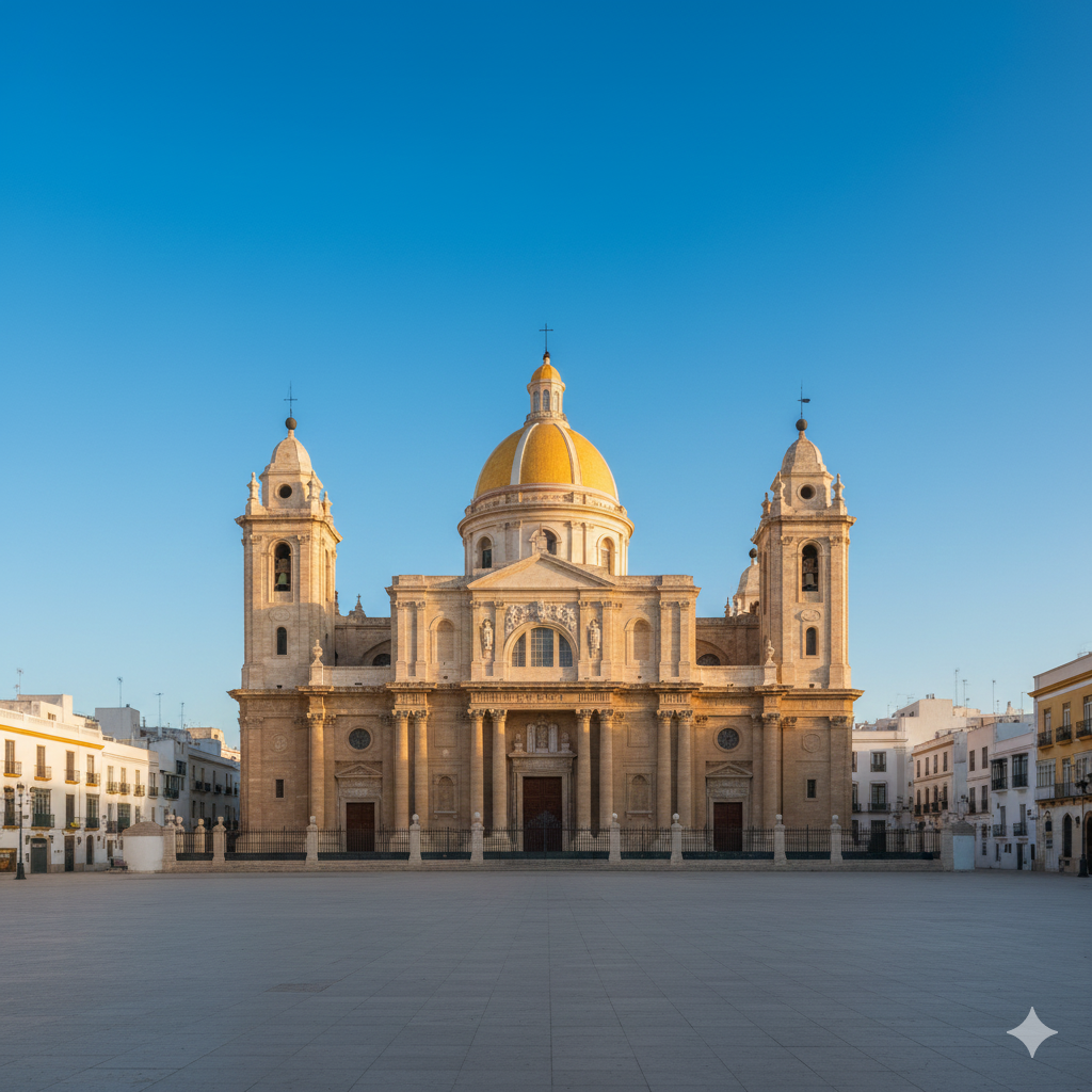 Katedra w Kadyksie (Catedral de Santa Cruz) z charakterystyczną kopułą pokrytą żółtymi płytkami, lśniącymi w słońcu. Budynek łączy style baroku i neoklasycyzmu, wznosząc się ponad białą zabudowę miasta (której fragment widać w tle). Niebo jest intensywnie niebieskie. Brak ludzi na placu przed katedrą.