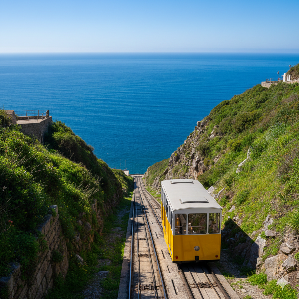 Wagonik tradycyjnej kolejki linowo-terenowej (funicular) w Nazare, wspinający się po stromym zboczu. W tle widoczny błękitny Ocean Atlantycki i bezkresny horyzont. Środek transportu jest w kolorach żółto-białych, wyraźnie odcina się od zieleni wzgórza. Brak pasażerów w środku i osób na zewnątrz