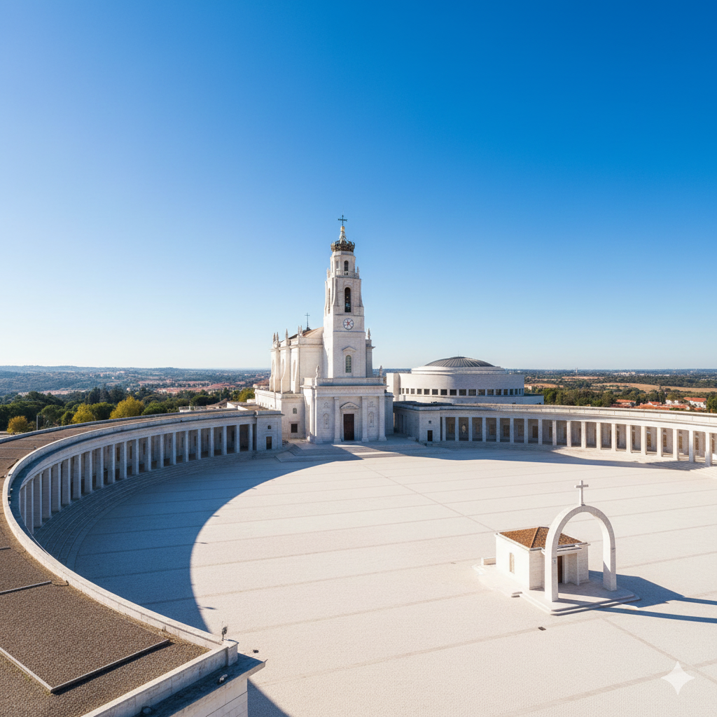 Spektakularne ujęcie Sanktuarium w Fatimie w pełnym słońcu. Na pierwszym planie widać nieskazitelnie białą architekturę Bazyliki z wysoką wieżą, która dominuje nad otoczeniem. Niebo jest krystalicznie czyste. Zdjęcie ma charakter podniosły i zapraszający, symbolizując cel pielgrzymki. Brak tłumów, skupienie na pięknie samej budowli.