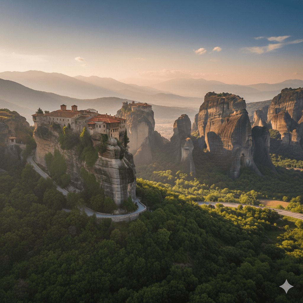 Meteory – klasztory na skałach o wschodzie słońca