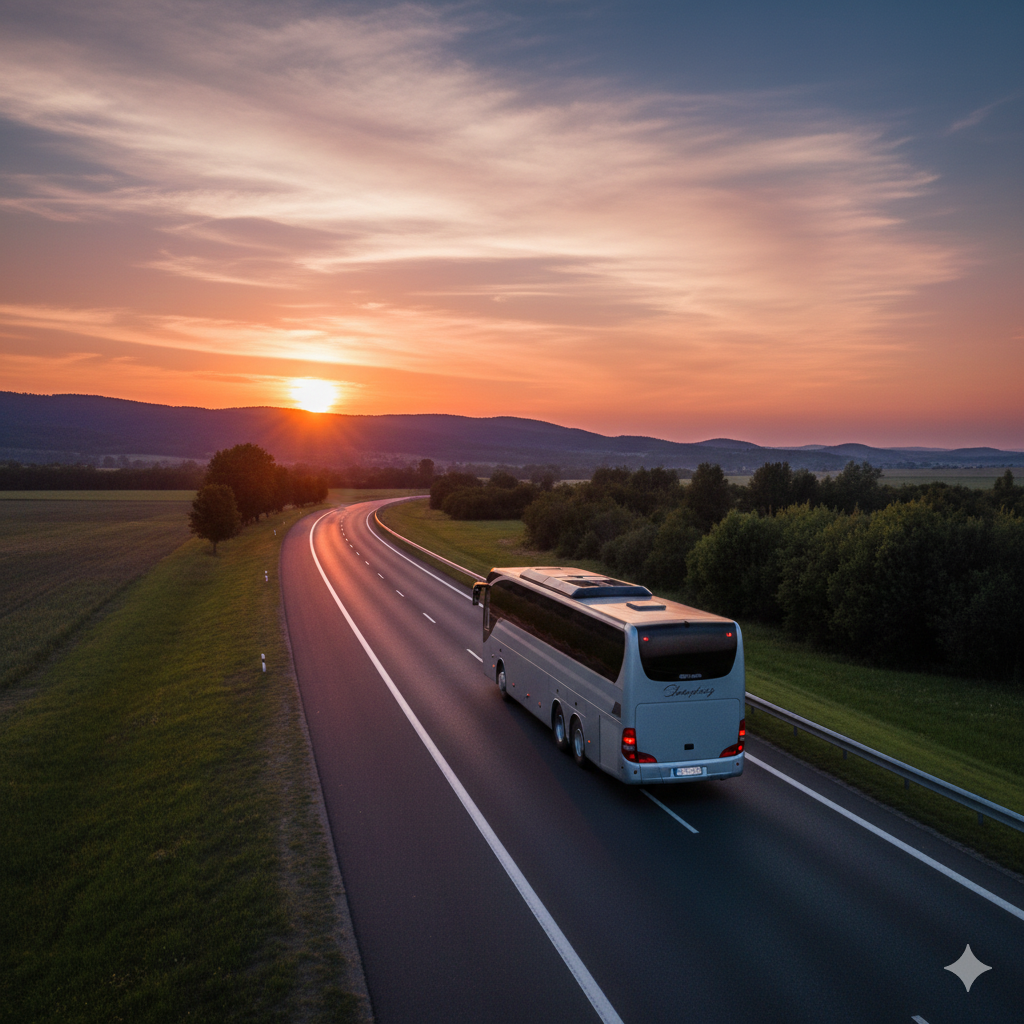 Autobus pielgrzymkowy o zachodzie słońca – przejazdy przez Europę na trasie pielgrzymki.