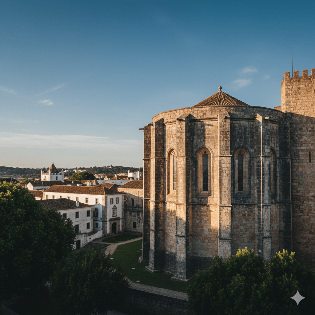Zewnętrzna architektura Klasztoru Zakonu Chrystusa w Tomar (Convento de Cristo). Ujęcie koncentruje się na charakterystycznej rotundzie z kamiennymi przyporami i fortyfikacjami obronnymi. Mury są stare, kamienne, oświetlone ciepłym światłem popołudniowym. Brak postaci ludzkich i współczesnych elementów
