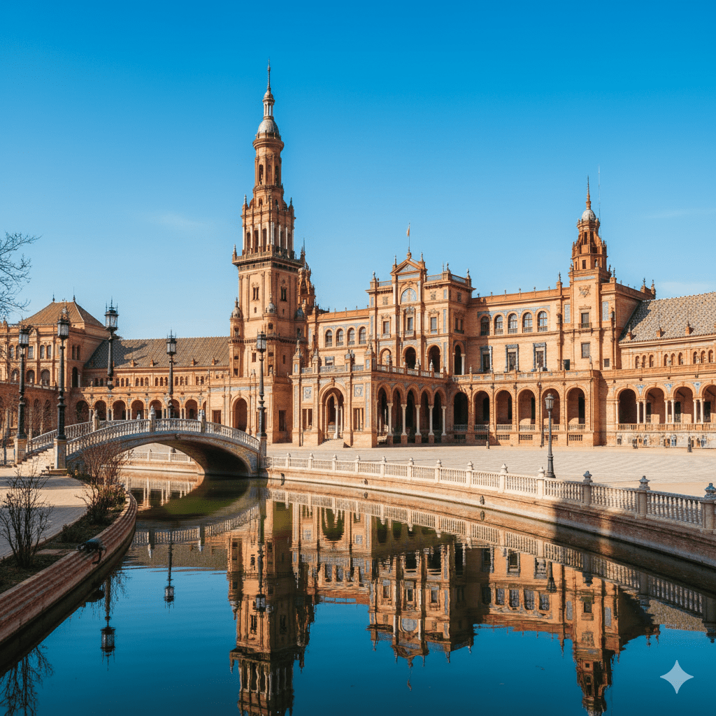 Szeroki kadr przedstawiający Plac Hiszpański (Plaza de España) w Sewilli. W centrum uwagi półokrągły budynek z czerwonej cegły z elementami ceramiki, ozdobnymi wieżami i kolumnadami. Na pierwszym planie widoczny fragment kanału wodnego z mostkiem ozdobionym błękitnymi płytkami azulejos. Sceneria w pełnym, jasnym słońcu, bez turystów i napisów