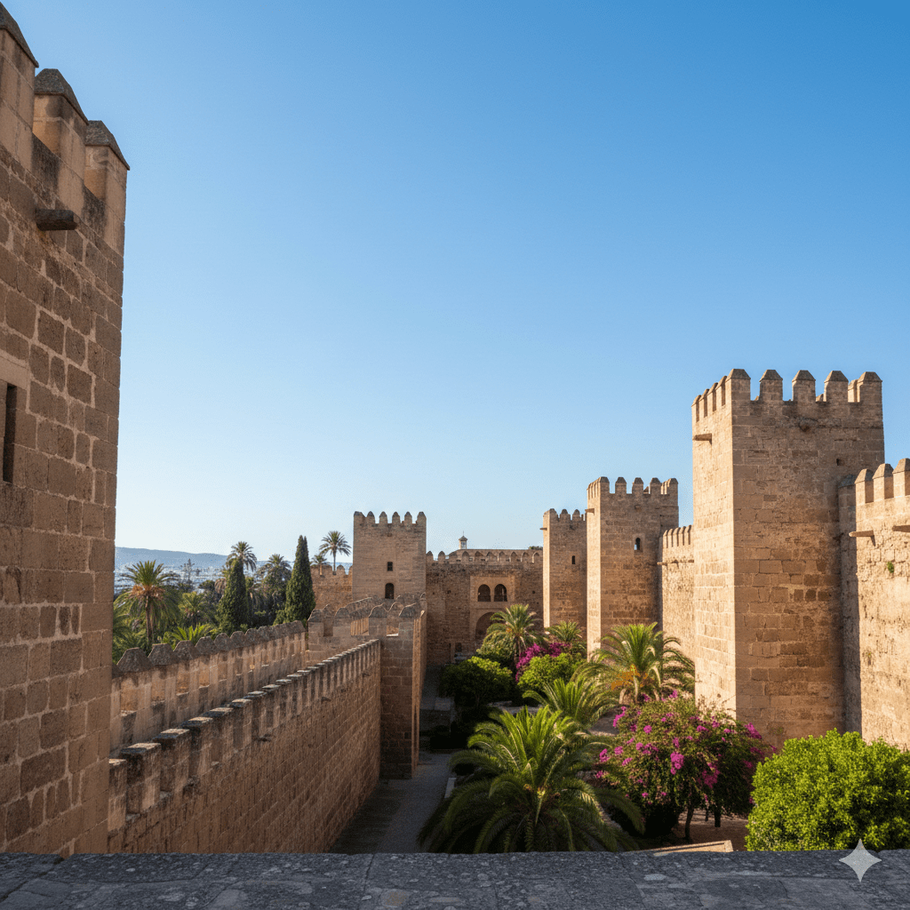Majestatyczne mury obronne Alcazaby w Maladze. Ujęcie z dołu ukazujące potężne, kamienne fortyfikacje na tle bezchmurnego, błękitnego nieba. Architektura łączy styl arabski z otaczającą ją zielenią śródziemnomorską. Brak jakichkolwiek postaci ludzkich oraz napisów