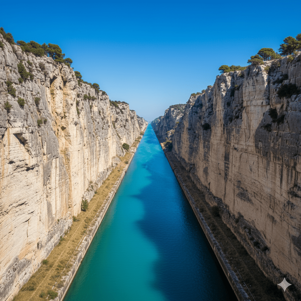 Kanał Koryncki widziany z góry – zwiedzanie podczas pielgrzymki do Grecji.