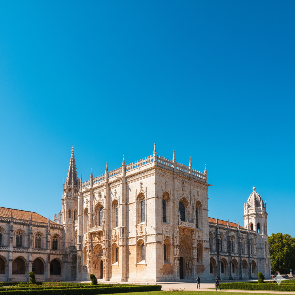 Fasada Klasztoru Hieronimitów w dzielnicy Belem, wykonana z jasnego wapienia. Zdjęcie ukazuje bogate, koronkowe zdobienia w stylu manuelińskim, rzeźbione portale i wysokie okna. Budynek jest skąpany w złotym świetle słonecznym, kontrastującym z głębokim błękitem nieba. Kadr statyczny, brak ludzi i pojazdów