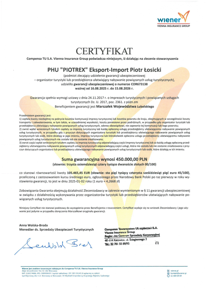 Certyfikat gwarancji ubezpieczeniowej Compensa TU S.A. / Wiener