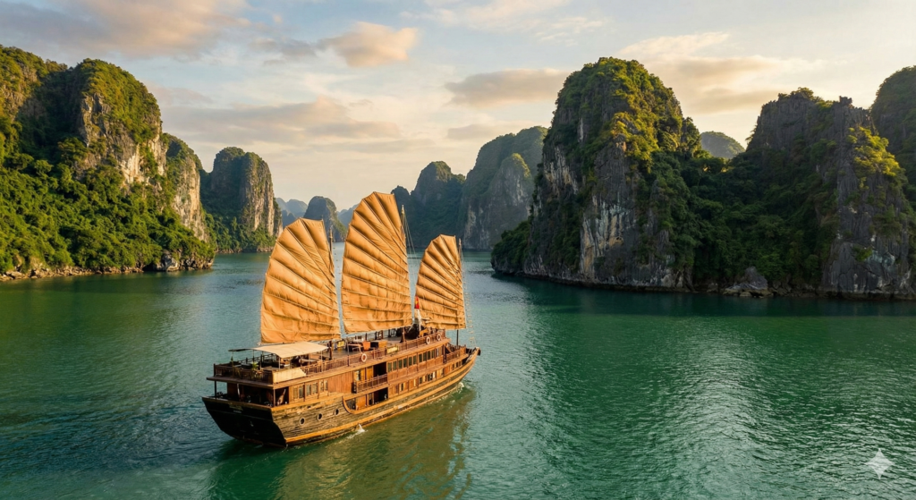 Tradycyjna drewniana dżonka z charakterystycznymi żaglami, płynąca spokojnie po szmaragdowych wodach Zatoki Ha Long, otoczona przez monumentalne wapienne wyspy wznoszące się z morza w ciepłym świetle dnia.