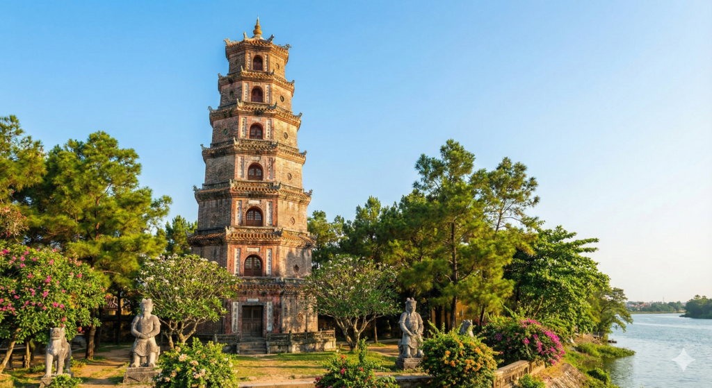 Wysoka, siedmiopiętrowa wieża Pagody Thien Mu stojąca na brzegu Rzeki Perfumowej w Hue, otoczona bujną roślinnością ogrodową.