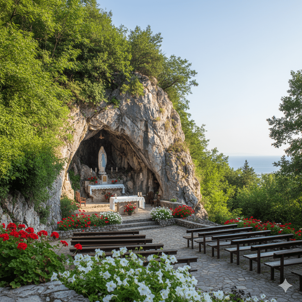 Naturalna skalna grota z wkomponowanym ołtarzem polowym, otoczona bujną zielenią śródziemnomorską i kwiatami.