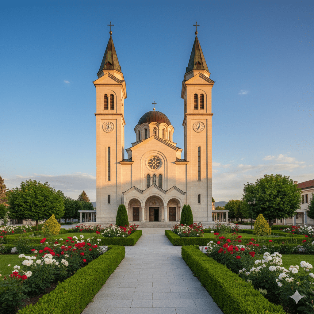 Monumentalny kościół św. Jakuba w Medjugorie, będący sercem sanktuarium i symbolem pokoju, lśniący w słońcu na tle błękitnego nieba.