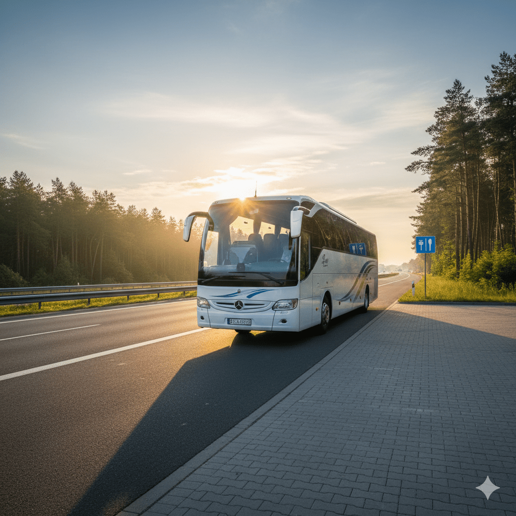 Nowoczesny, komfortowy autokar turystyczny w białym kolorze, zaparkowany na estetycznym parkingu przy trasie szybkiego ruchu