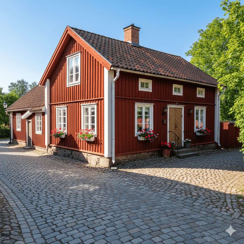Tradycyjny drewniany dom w Vasteras Urokliwy, zabytkowy dom z drewna pomalowany na charakterystyczny kolor czerwieni falun, znajdujący się w dzielnicy Kyrkbacken. Budynek ma białe ramy okienne i dachówkę w kolorze ceglastym. Przed domem rosną kolorowe kwiaty w donicach, a uliczka jest wybrukowana "kocimi łbami". Scena jest sielska i słoneczna. Drewniana architektura i klimat