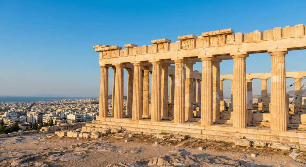 Świątynia Partenon na ateńskim Akropolu, antyczne marmurowe kolumny doryckie stojące dumnie na tle bezchmurnego nieba.