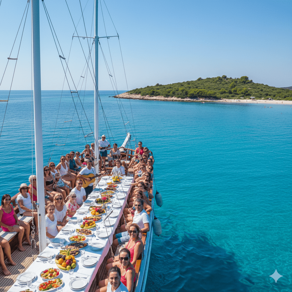 Drewniany, stylizowany statek wycieczkowy z białymi masztami, płynący po spokojnej, krystalicznie czystej, lazurowej