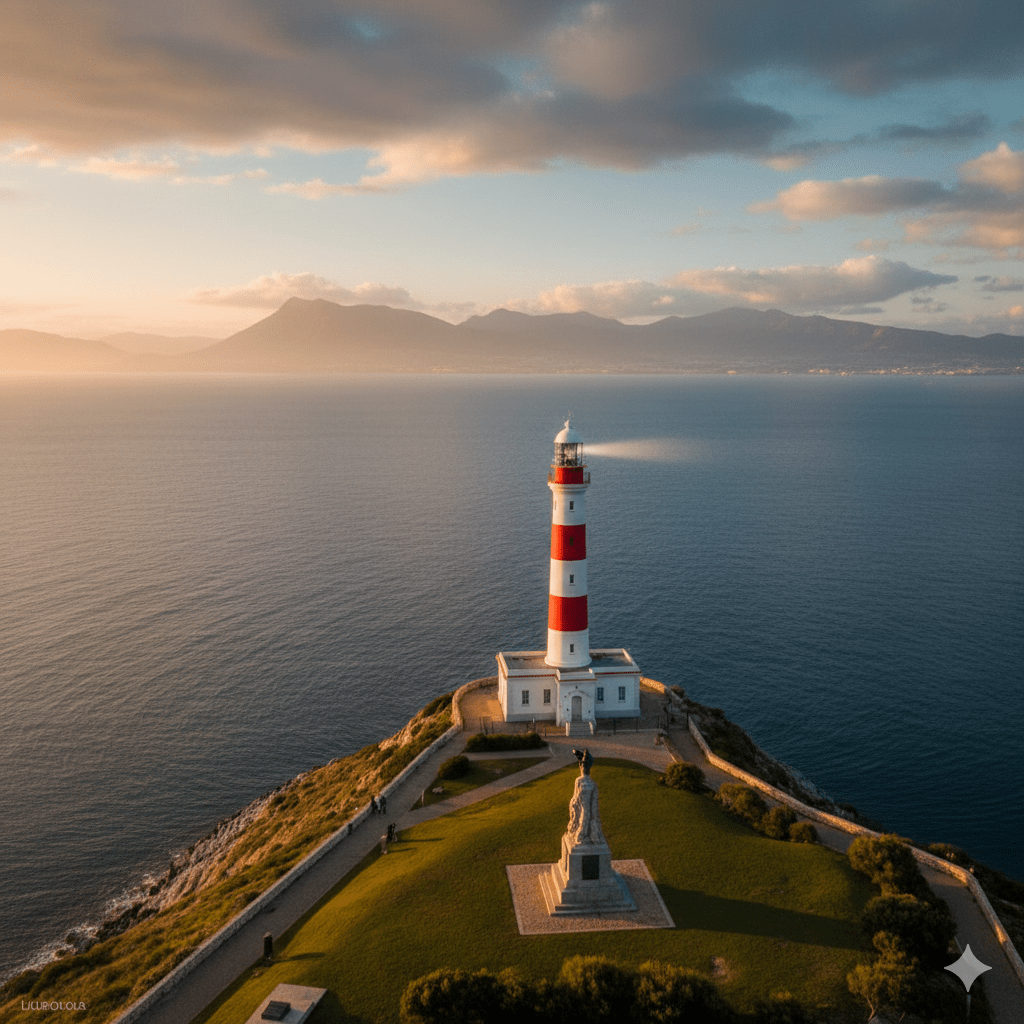 Klasyczna, biało-czerwona latarnia morska na przylądku Europa Point w Gibraltarze, stojąca na skraju skalistego klifu na tle morskiego horyzontu.