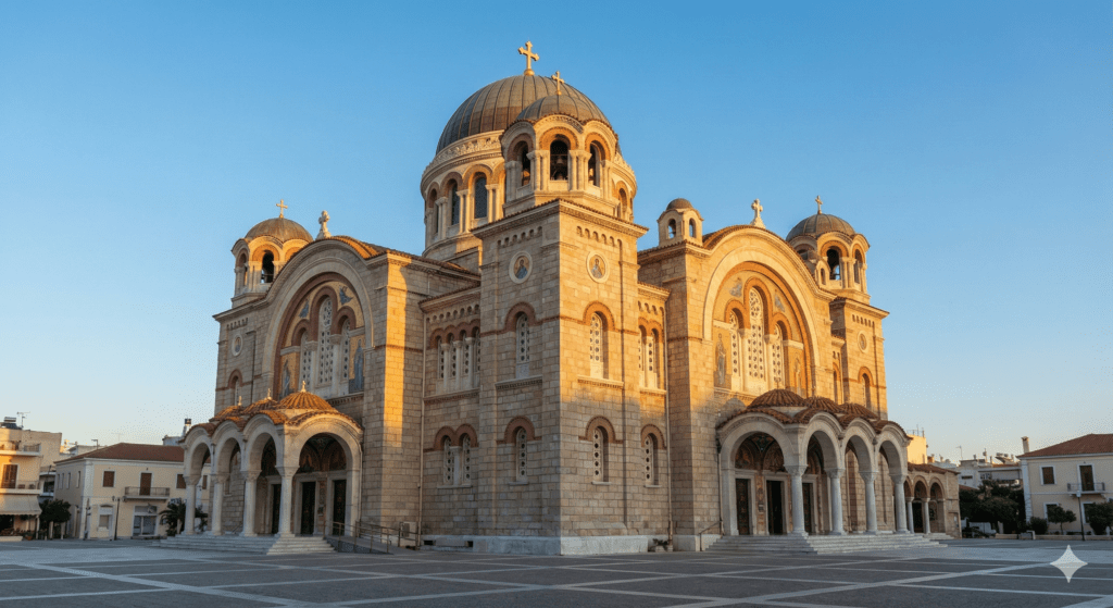 Bazylika św. Andrzeja w Patrze, monumentalny budynek z ogromną centralną kopułą i licznymi mniejszymi wieżyczkami w stylu bizantyjskim.