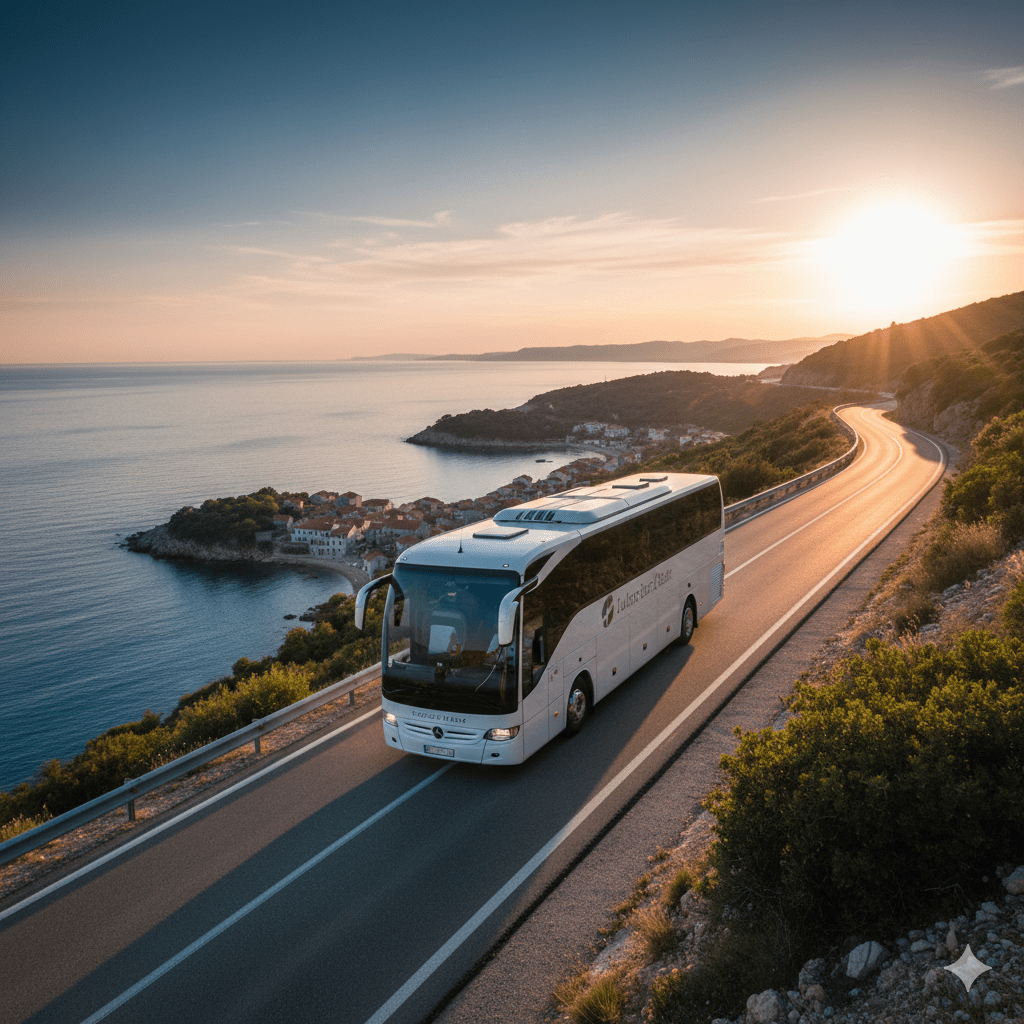 Nowoczesny, lśniący biały autokar turystyczny o aerodynamicznym kształcie, zaparkowany na punkcie widokowym. W tle widać zarysowujące się łagodne wzgórza i szeroką, pustą drogę prowadzącą ku horyzontowi. Komfortowy autokar w drodze powrotnej.