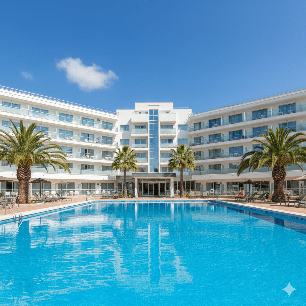 Jasny, nowoczesny budynek hotelu Riviera z lśniącą taflą basenu na pierwszym planie w pełnym słońcu.