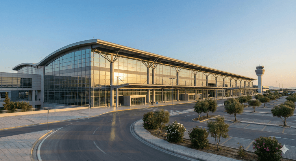 Przeszklony, nowoczesny terminal lotniska w Atenach o lekkiej konstrukcji, odbijający promienie popołudniowego słońca.