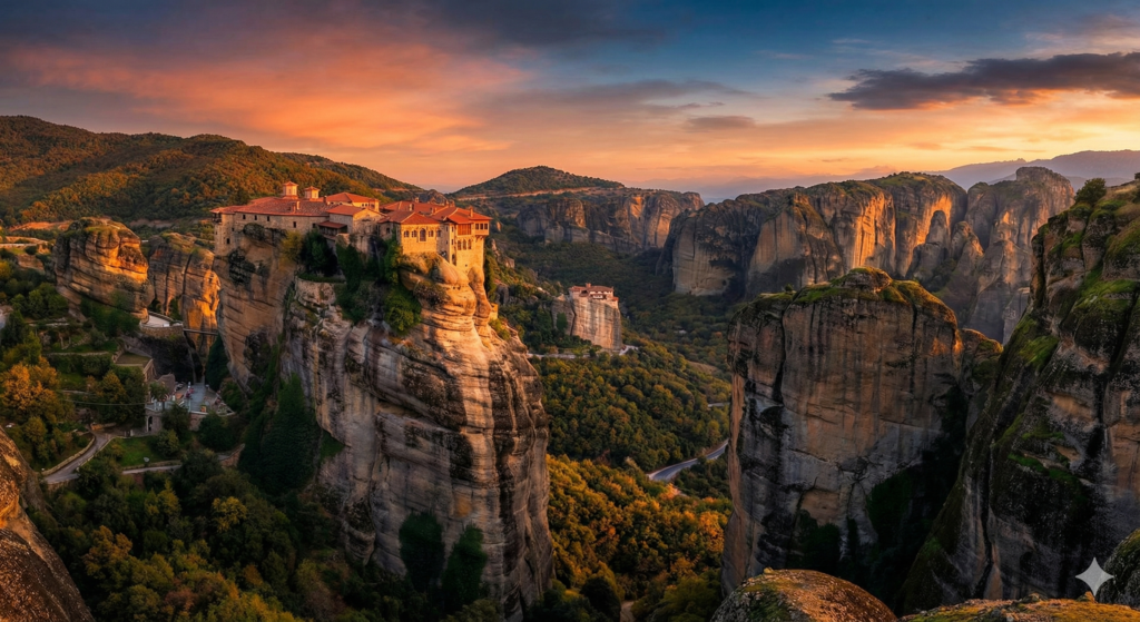 Widok na majestatyczne klasztory Meteory, wznoszące się na niedostępnych skałach, symbolizujące spotkanie nieba z ziemią.