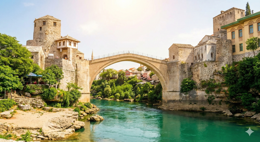 Kamienny, łukowy most o klasycznej architekturze osmańskiej, łączący dwa brzegi turkusowej rzeki w otoczeniu zabytkowych, jasnych kamienic z szarej cegły.