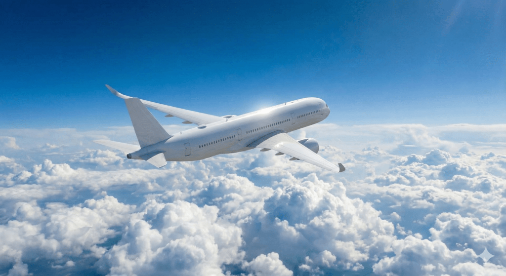 Nowoczesny, biały samolot pasażerski lecący wysoko nad puszystymi, białymi chmurami w pełnym słońcu.