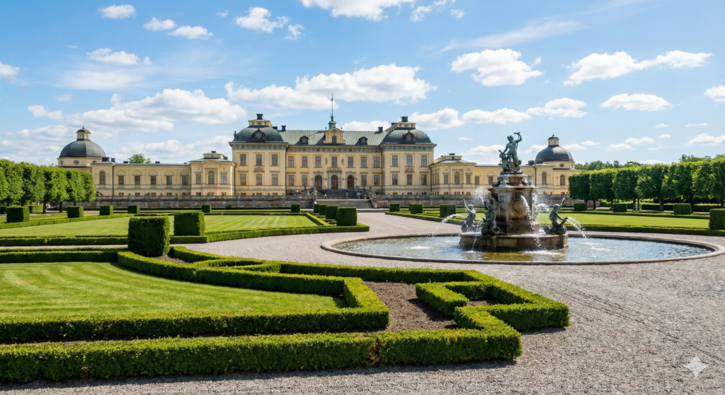 Jasny, słoneczny dzień ukazujący majestatyczny Pałac Drottningholm widziany od strony ogrodów. Budynek charakteryzuje się jasną elewacją w stylu barokowym, z symetrycznymi skrzydłami i ciemnym dachem. Przed pałacem rozciągają się zadbane, zielone trawniki oraz idealnie przycięte żywopłoty, a w centralnym punkcie widać ozdobną fontannę z tryskającą wodą. Niebo jest błękitne z nielicznymi, białymi chmurami. Całość emanuje spokojem, elegancją i bogactwem, bez obecności turystów.