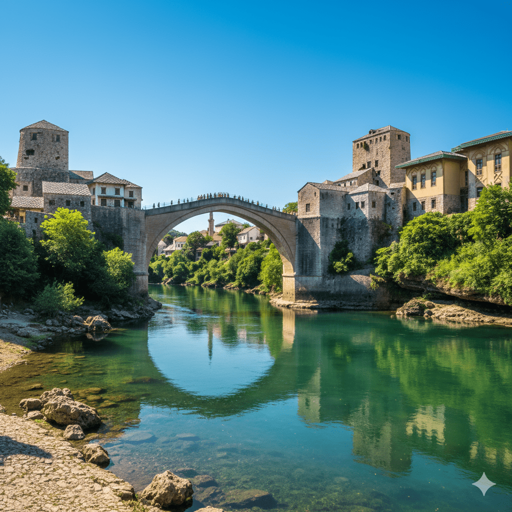 Kamienny Stary Most w Mostarze o wysokim łuku, wznoszący się nad lśniącą, turkusową wodą rzeki Neretwy w pełnym, letnim słońcu.