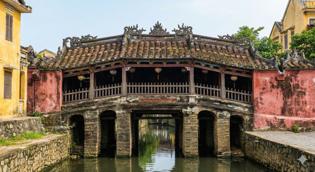 Historyczny Japoński Kryty Most w Hoi An, przerzucony przez wąski kanał wodny, z widoczną drewnianą konstrukcją i dachem, w słoneczny dzień.