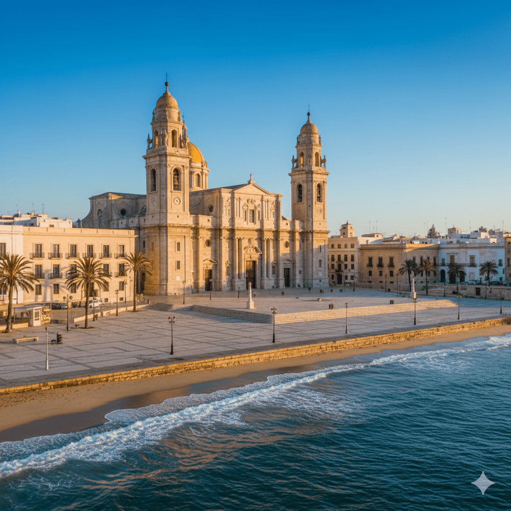Wielka Katedra w Kadyksie z charakterystyczną, lśniącą złotą kopułą, wznosząca się tuż nad brzegiem błękitnego oceanu.