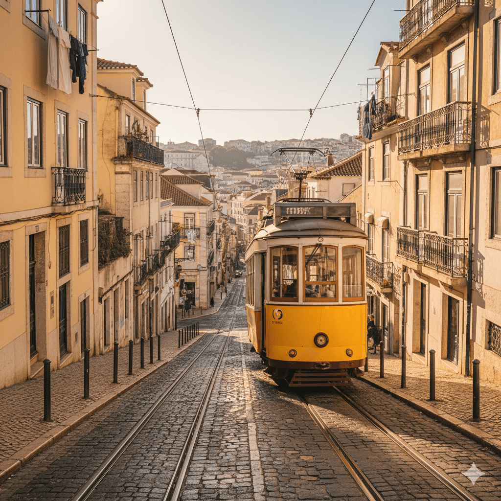 Tradycyjny, jaskrawożółty tramwaj lizboński, wspinający się po wąskich szynach na tle jasnej, zabytkowej kamienicy