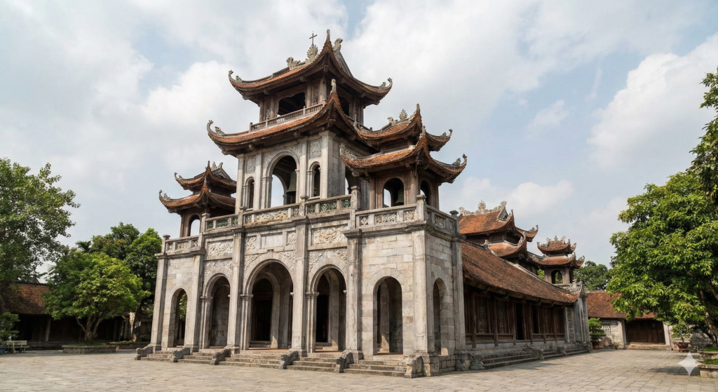 Kamienna fasada katedry Phat Diem, stanowiąca unikalne połączenie tradycyjnej architektury wietnamskiej świątyni z europejskim stylem gotyckim, skąpana w dziennym świetle.