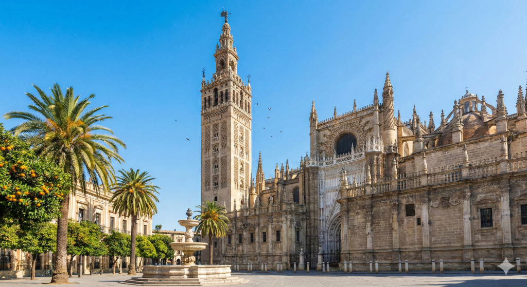 Katedra Najświętszej Marii Panny w Sewilli wraz z monumentalną wieżą La Giralda, ukazaną w pełnym słońcu na tle błękitnego nieba, podkreślając potęgę gotyckiej architektury i hiszpański klimat wyprawy