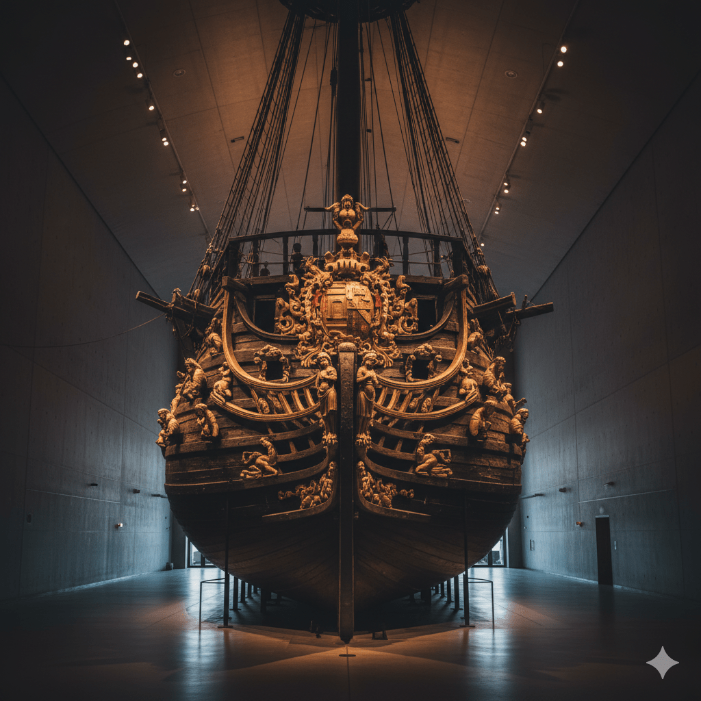 XVII-wieczny okręt wojenny Vasa Szczegółowe ujęcie drewnianego, XVII-wiecznego okrętu wojennego z bogatymi zdobieniami i rzeźbami na rufie. Drewno ma ciemny, szlachetny odcień, a złocone elementy dekoracyjne błyszczą w punktowym, ciepłym oświetleniu muzealnym (ale bez widocznych ścian muzeum, skupienie na statku). Okręt prezentuje się potężnie i dostojnie. Sztokholm, okręt Vasa i pałace