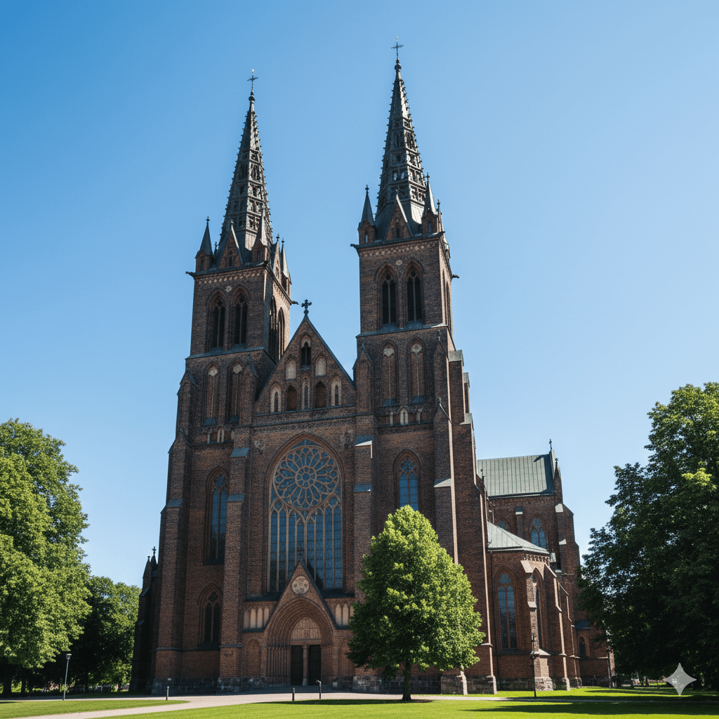 Ceglana Katedra w Uppsali Monumentalna gotycka katedra z czerwonej cegły z dwiema strzelistymi wieżami sięgającymi wysoko w niebo. Ujęcie z dołu podkreśla potęgę i wysokość budowli. Detale architektoniczne, takie jak rozety i ostrołuki, są wyraźnie widoczne w pełnym świetle dziennym. Otoczenie stanowi zadbany park z zielonymi drzewami. Katedra w Uppsali i historia