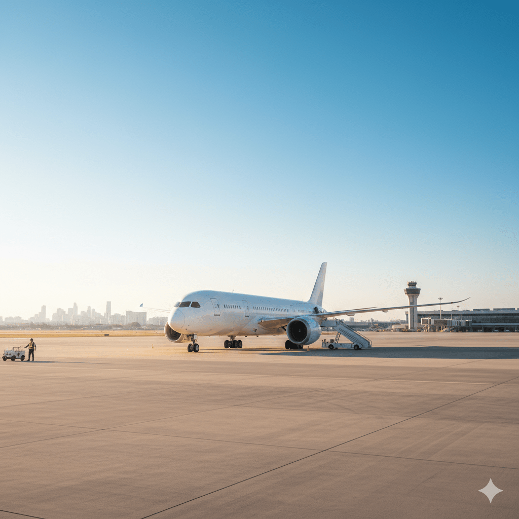 Nowoczesny, biały samolot pasażerski zaparkowany na nasłonecznionej płycie lotniska, gotowy do startu pod bezchmurnym, błękitnym niebem.