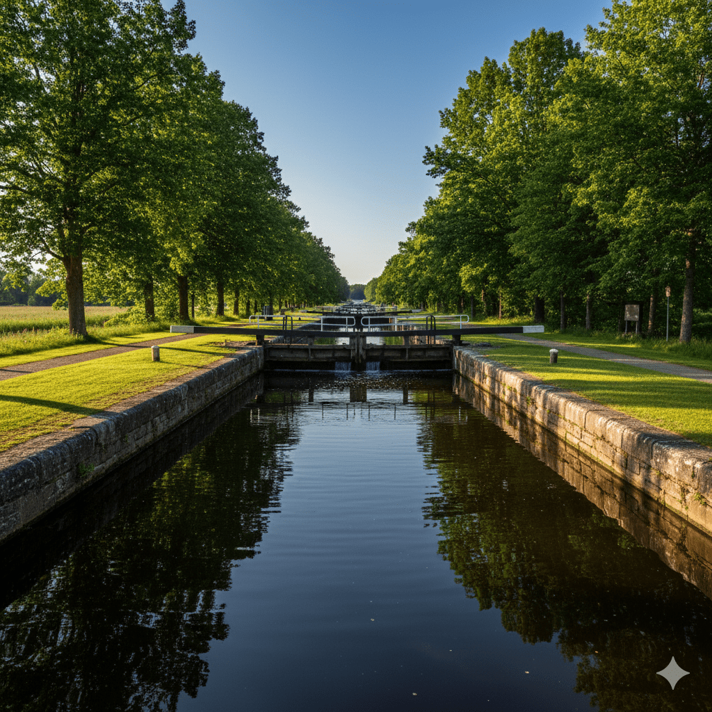 Śluza na Kanale Gota Inżynieryjna konstrukcja śluzy wodnej wypełnionej wodą, otoczonej zielonymi, trawiastymi brzegami. Woda w kanale jest spokojna i odbija błękit nieba. Widać solidne, drewniano-metalowe wrota śluzy. Krajobraz jest nizinny, letni i pełen naturalnego światła, symbolizujący spokojną żeglugę śródlądową. Kanał Gota i powrót