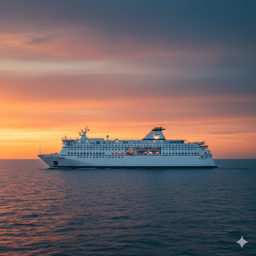 Wielki prom pasażerski na morzu Ogromny, biały prom pasażerski płynący po spokojnych, granatowych wodach Morza Bałtyckiego w świetle zachodzącego słońca. Statek jest ujęty z boku, ukazując rzędy okien kajutowych i pokłady widokowe. Niebo ma barwy ciepłego pomarańczu i błękitu, co nadaje scenie przytulny, podróżniczy klimat. Rejs promem do Szwecji