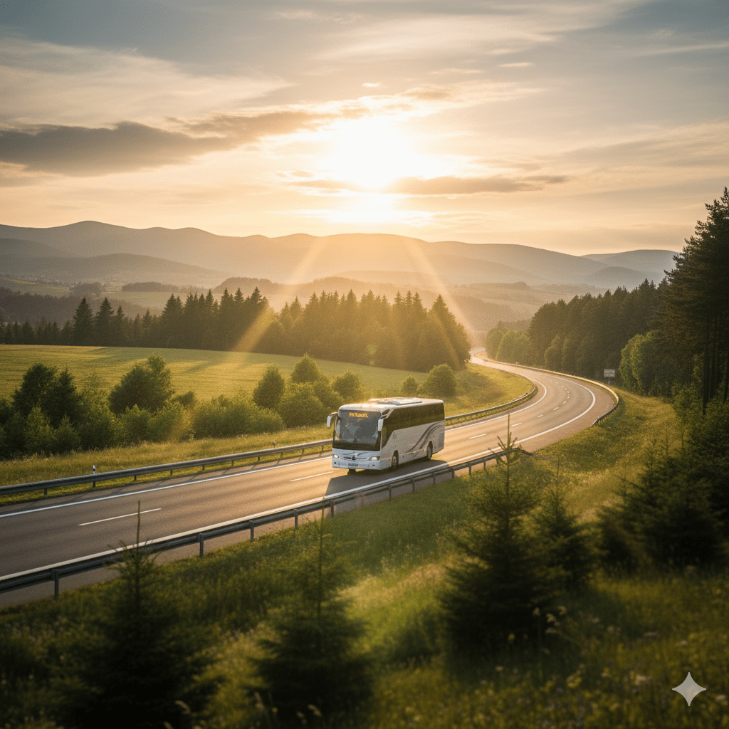 Autokar jadący malowniczą drogą pośród zielonych pagórków i dolin w świetle zachodzącego słońca.
