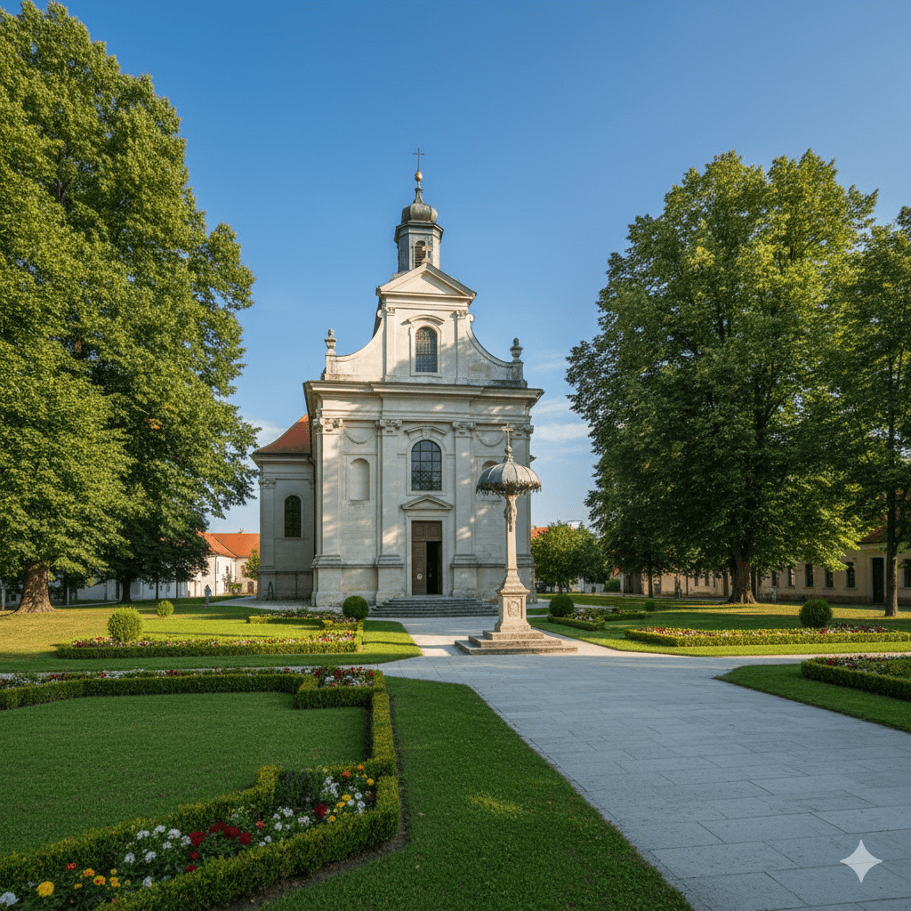 Klasyczna bryła sanktuarium w Ludbregu z ozdobnym dachem, otoczona zadbaną, niską roślinnością i jasnym, kamiennym placem.