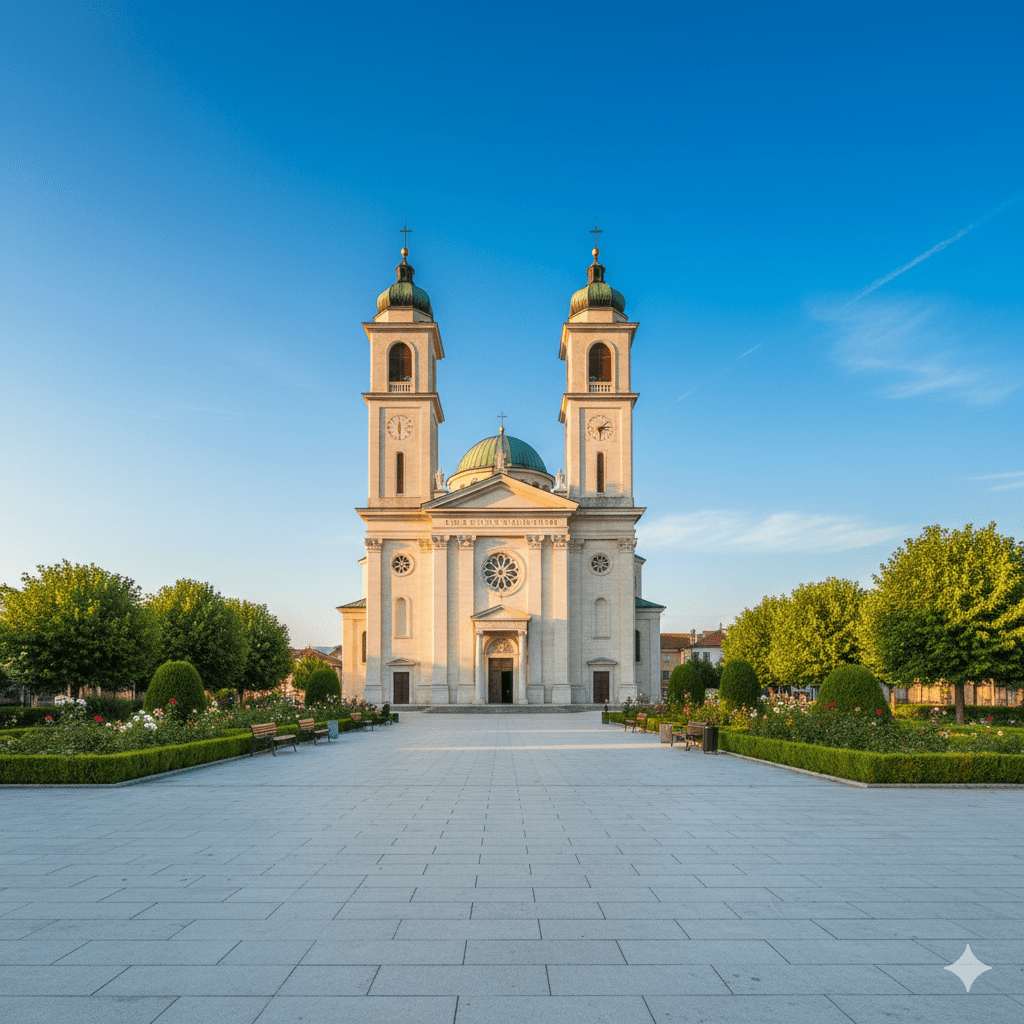Jasna fasada kościoła św. Jakuba w Medjugorie z dwiema charakterystycznymi wieżami, oświetlona ciepłym porannym słońcem na tle czystego nieba.