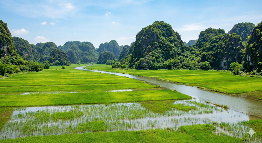 Malowniczy krajobraz regionu Ninh Binh, przedstawiający jaskrawozielone pola ryżowe rozciągające się u podnóża stromych, wapiennych gór krasowych pod czystym niebem.