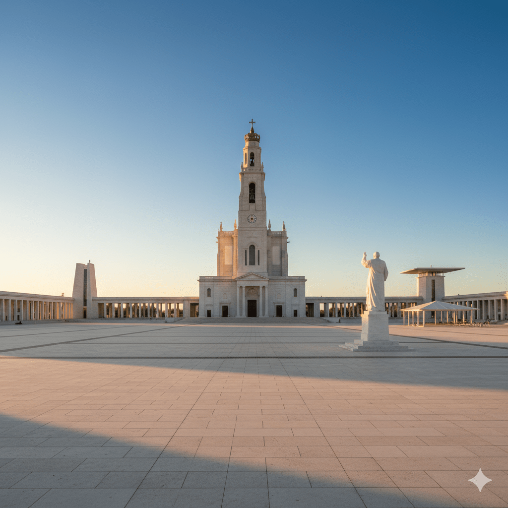 Majestatyczna, śnieżnobiała Bazylika Matki Boskiej Różańcowej w Fatimie z wysoką wieżą zwieńczoną koroną, otoczona rozległym placem modlitewnym.