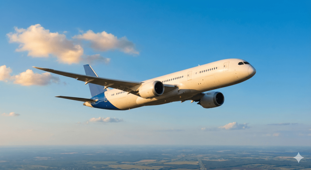 Nowoczesny samolot pasażerski wznoszący się ponad chmury w jasnych promieniach słońca, symbolizujący rozpoczęcie dalekiej podróży lotniczej.