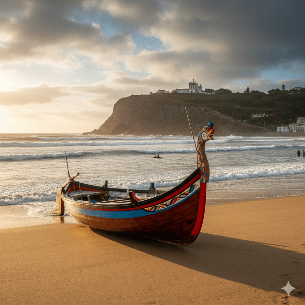 Tradycyjna, kolorowa drewniana łódź rybacka o charakterystycznym, zadartym dziobie, spoczywająca na złocistym piasku plaży w Nazare.