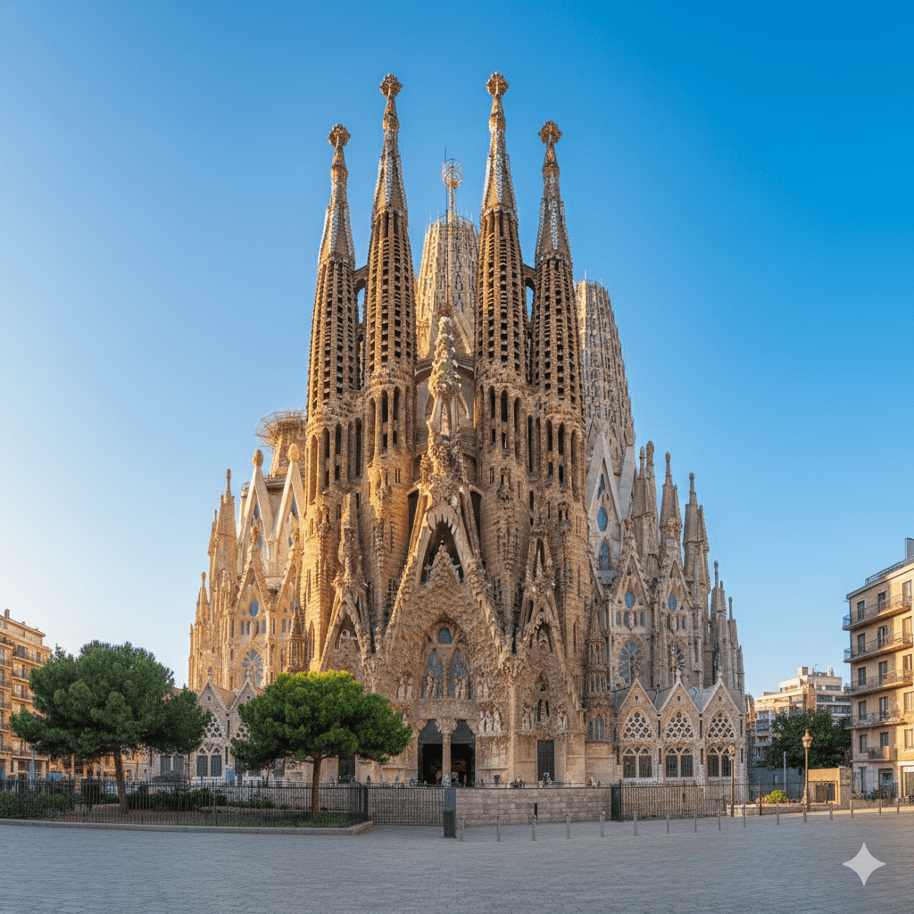 Smukłe, ażurowe wieże bazyliki Sagrada Familia pnące się ku czystemu, błękitnemu niebu.